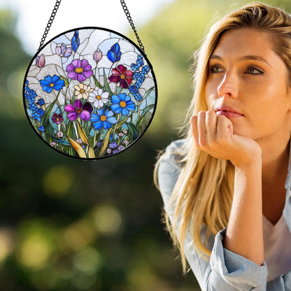 Stained Glass Window Hanging Blue Purple Wildflowers Large 11.8" - Suncatcher Door Garden Sunroom Sun Catcher Home Decor Birthday Christmas for Mom Men Woman Nana Friend