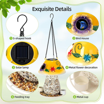 Mushroom Solar Bird Feeders for Outdoors Hanging Metal Wild Bird Feeder Garden Lantern with S Hook for Garden Decoration Yellow