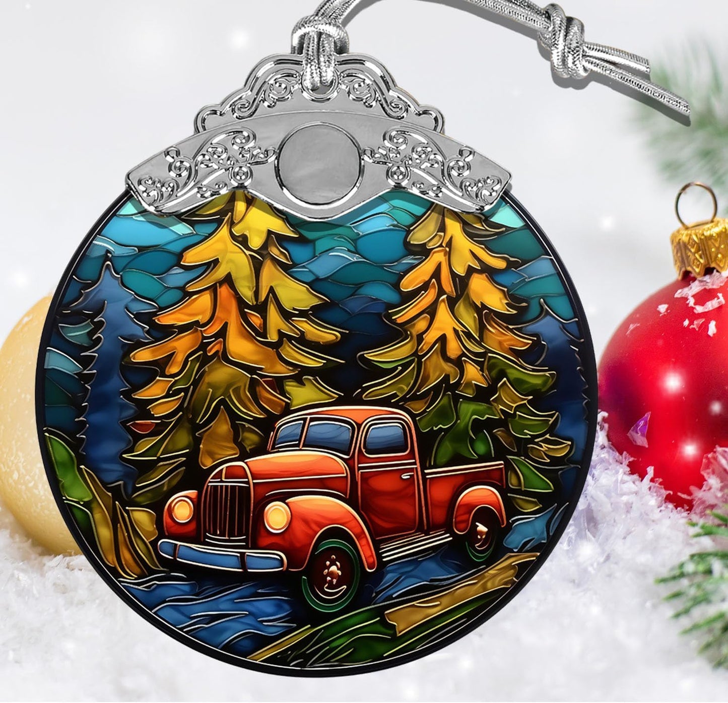 Red Truck Christmas Stained Glass Ornament - Home Decoration Gift for Xmas
