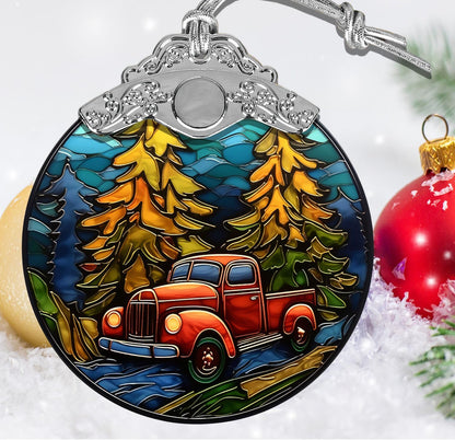 Red Truck Christmas Stained Glass Ornament - Home Decoration Gift for Xmas