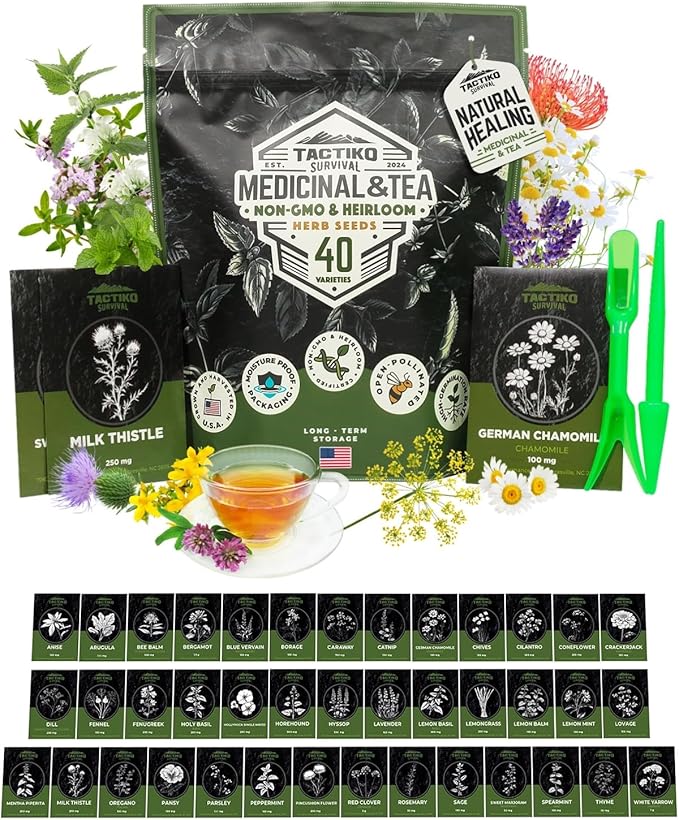 Tactiko Survival 40 Medicinal and Tea Herb Seeds Variety Pack, Indoor and Outdoor Herb Garden Kit, USA Grown Heirloom Non-GMO, Herbal Apothecary for Teas, Resealable Mylar for Long-Term Storage