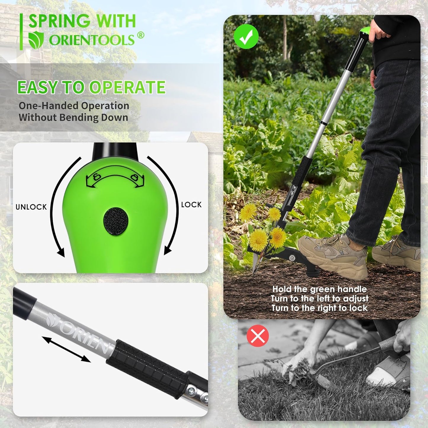 ORIENTOOLS Weed Puller, Stand Up Weed Puller, 32 to 41 inch Long Handle, Upgrade Detachable Telescopic Handle Garden Weeding Tool with 4 Claws for Labor Saving Dandelions Remover Tool