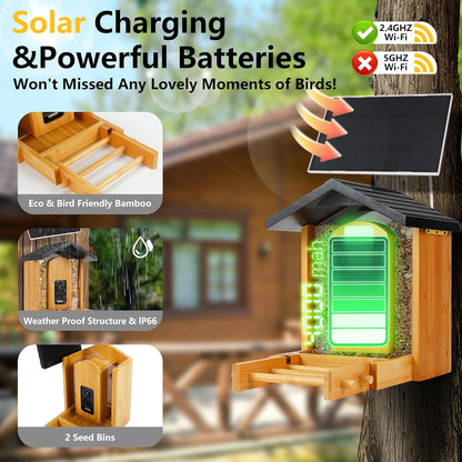 Smart Bird Feeder with Camera 2.5K HD Full Color Night Vision Outdoor Camera, Solar Panels AI recognizes 12,000 Bird Species, Bamboo Birdhouse, A Great Gift for mom and Nature Lovers