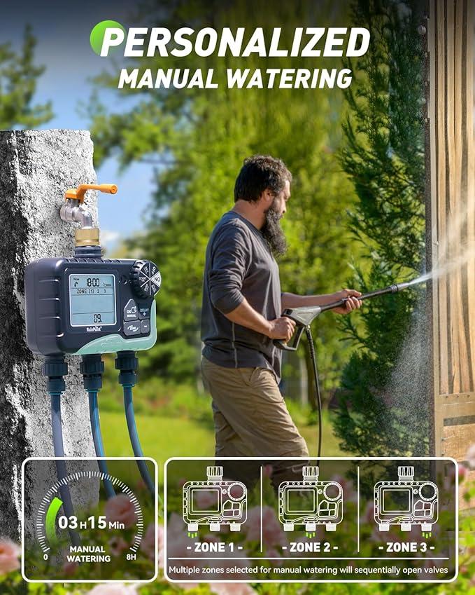 RAINPOINT 3 Zone Sprinkler Timer with Brass Inlet, Water Timer for Garden Hose,Rain Delay/Manual/Automatic Watering System, Hose,Hose Timers for Watering with IP65 Waterproof, Large LCD for Yard