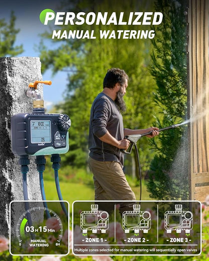 RAINPOINT 3 Zone Sprinkler Timer with Brass Inlet, Water Timer for Garden Hose,Rain Delay/Manual/Automatic Watering System, Hose,Hose Timers for Watering with IP65 Waterproof, Large LCD for Yard