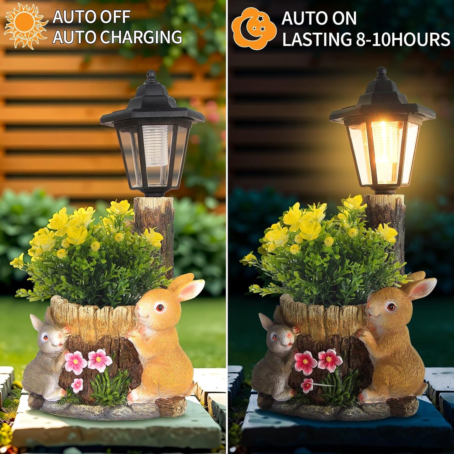 Solar Bunny Garden Stalue Outdoor, Rabbits Figurine Flowerpot Decolwith Solar Lantem for Yard Art Lawn Ornaments Porch Patio Balcony - Gardening Gifts for Women Mom