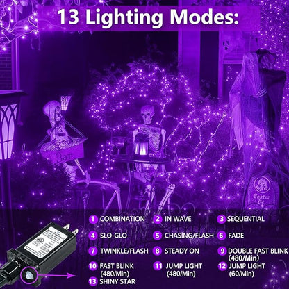 Upgraded Connectable 200 LED Halloween String Lights Outdoor Indoor, 66FT Purple Halloween Decorations Lights 13 Modes, Waterproof Twinkle Fairy Lights Plug in Clear Wire for Tree, Bedroom Decoration