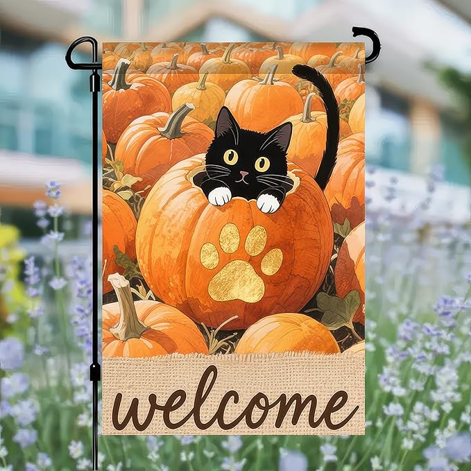 Thanksgiving Fall Garden Flag 12x18 Inch Welcome Black Cat Flag Double Sided Outdoor Autumn Yard Banner with Pumpkins and Paw Print for Porch Lawn Patio Seasonal Decor
