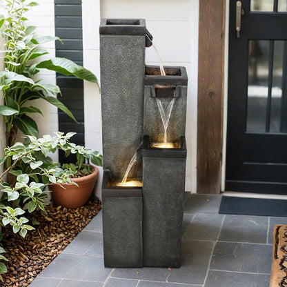 SunJet 4-Tier Modern Water Fountain, Indoor/Outdoor Resin Water Fountains with Soothing Water Sounds, Perfect for Garden, Patio, Home & Office, 12.5" L x 9.4" W x 39.3" H