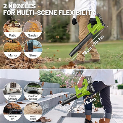 Leaf Blower Cordless with 2 x 4.0 Ah Battery and Charger, 160MPH/580CFM High Power Lightweight Handheld Electric Leaf Blowers with 2 Extended Tubes for Lawn, Yard, Leaves, Dust, Snow Care (Green)