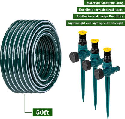 Above Ground Sprinkler System Irrigation for Garden Multi- Adjustable Lawn Sprinkler Set Ideal for Small Areas Plant and Flower Bed Watering, 50ft Green Garden Hose Included