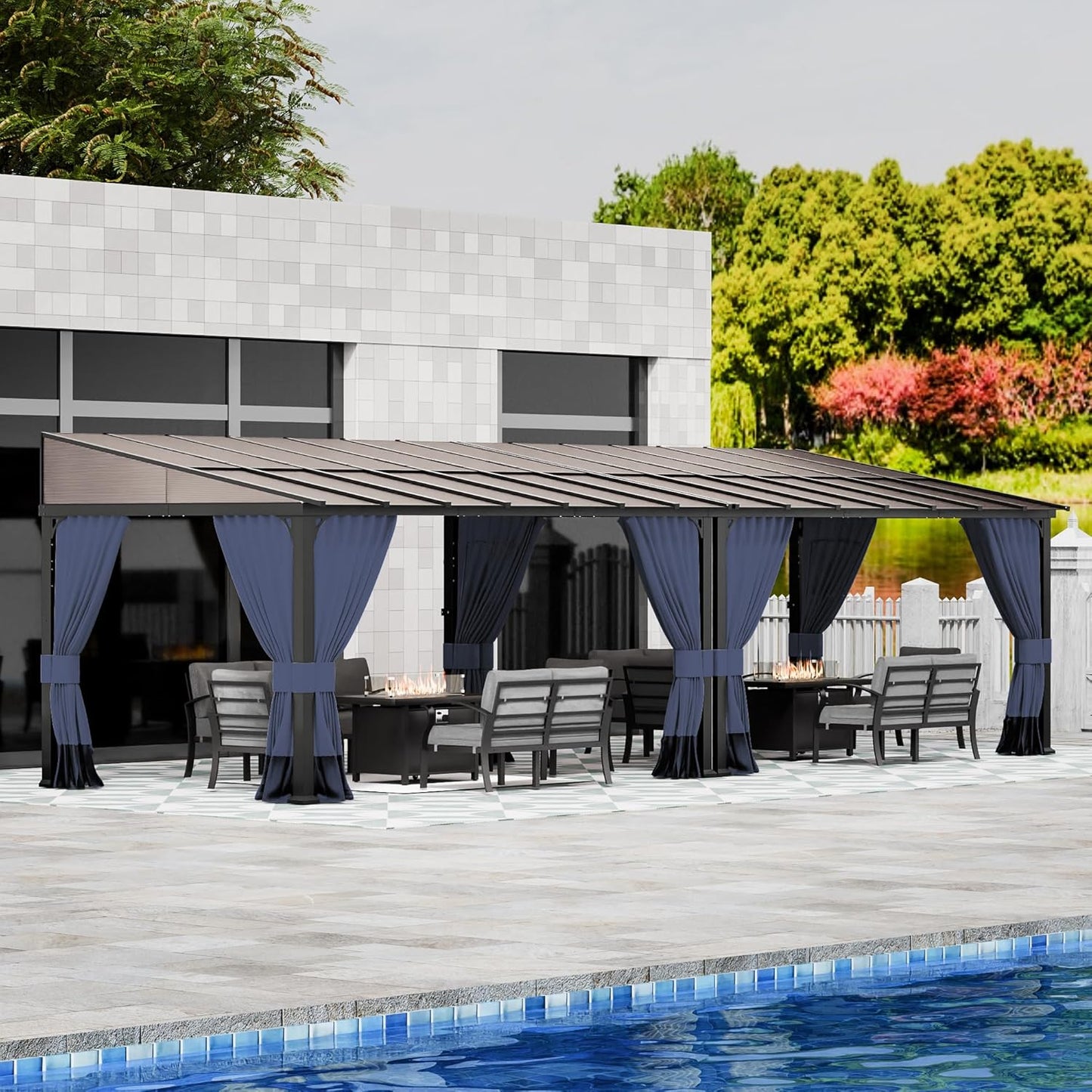 10' x 28' Gazebo，Hard Top Lean to Gazebo Wall Mount Heavy Hardtop Gazebos Outdoor Pergola with Curtains and Netting for Patio Garden Lawn Backyard Deck (Navy)