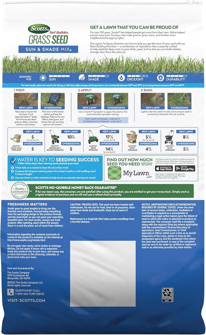 Scotts Turf Builder Grass Seed Sun and Shade Mix with Fertilizer and Soil Improver, Thrives in Many Conditions, 16 lbs.