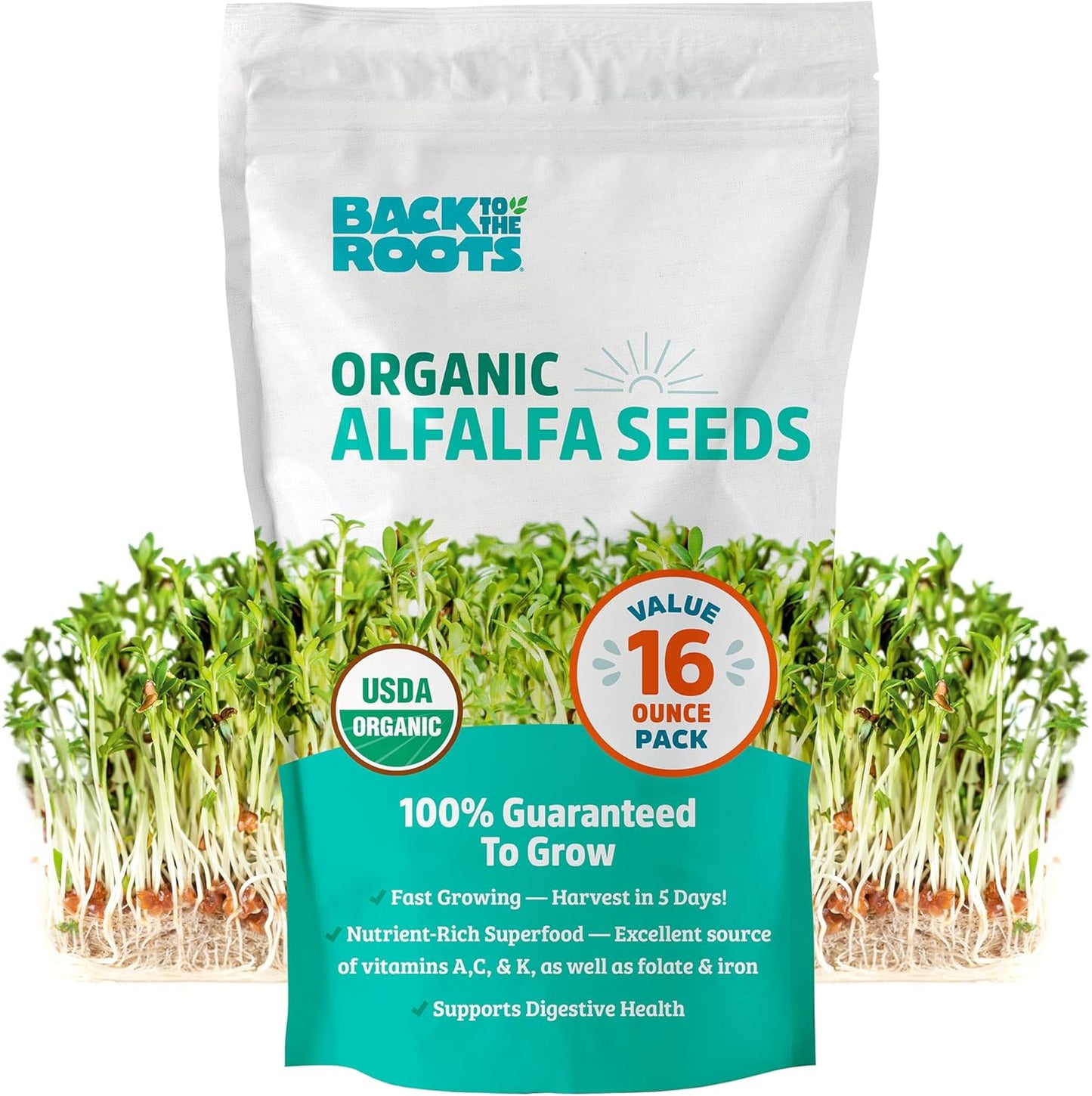 Back to the Roots 100% Organic Alfalfa Seeds | 1 Pound Non-GMO | Nutrient Dense, Easy to Grow, Rich in Fiber
