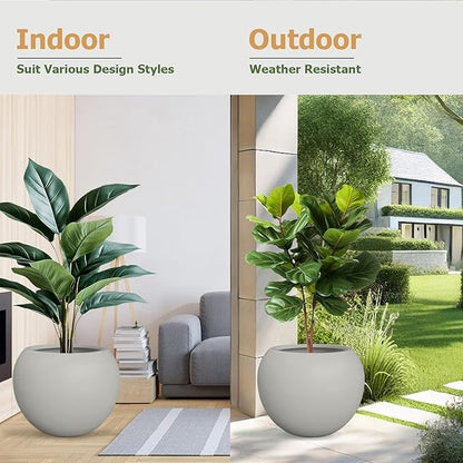 12.8”H x 16”D Globo Fiberstone Round Planter with Drainage Hole, Weather Resistant, Planters for Indoor Plants & Outdoor, 2 Extra Coco Mats (Light French Gray, 10.7” Pot Opening)