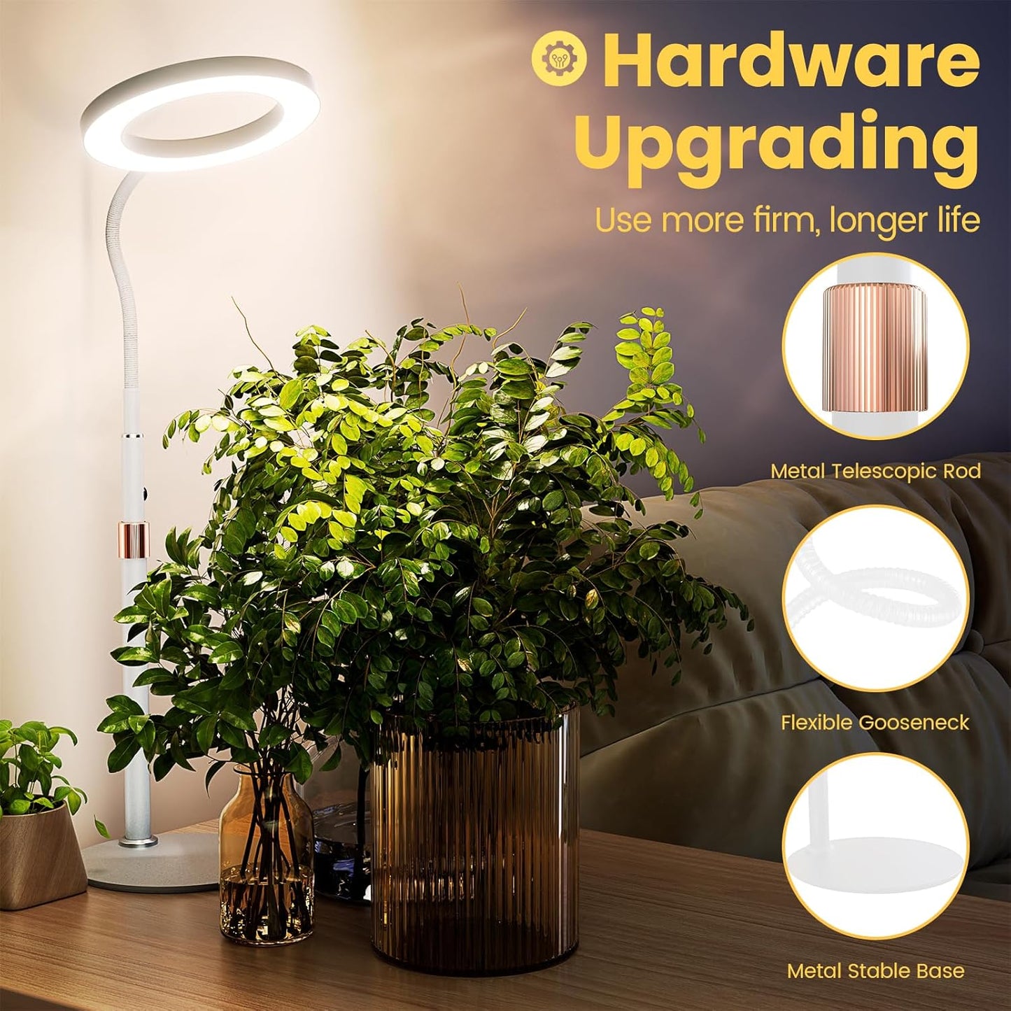 bseah Grow Light, LED Plant Light for Indoor Plants Growing, Full Spectrum Desk Grow Lamp with Pedestal, Automatic Timer for 3H/9H/12H, 10 Dimmable Levels (White)