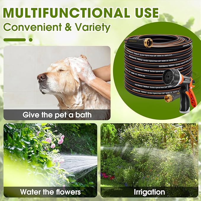 Heavy Duty Garden Hose – 5/8 Inch Flexible, Lightweight Hybrid Hose with 600 PSI Burst Pressure, Swivel Handle, and Durable Copper Male/Female Fittings (Black with hose sprayer, 100FT)