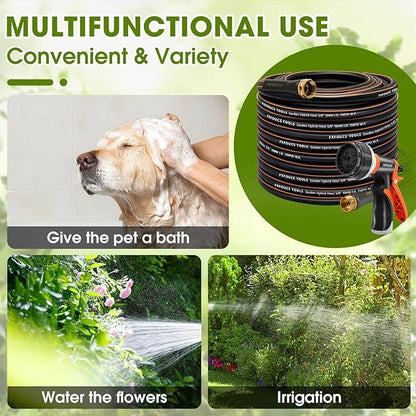 Heavy Duty Garden Hose – 5/8 Inch Flexible, Lightweight Hybrid Hose with 600 PSI Burst Pressure, Swivel Handle, and Durable Copper Male/Female Fittings (Black with hose sprayer, 100FT)