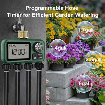 4 Zone Sprinkler Timer with Brass Inlet,Programmable Water Timer for Garden Hose with Rain Delay, Manual& Automatic Watering System,Programmable Digital for Lawn Yard,4 Zone
