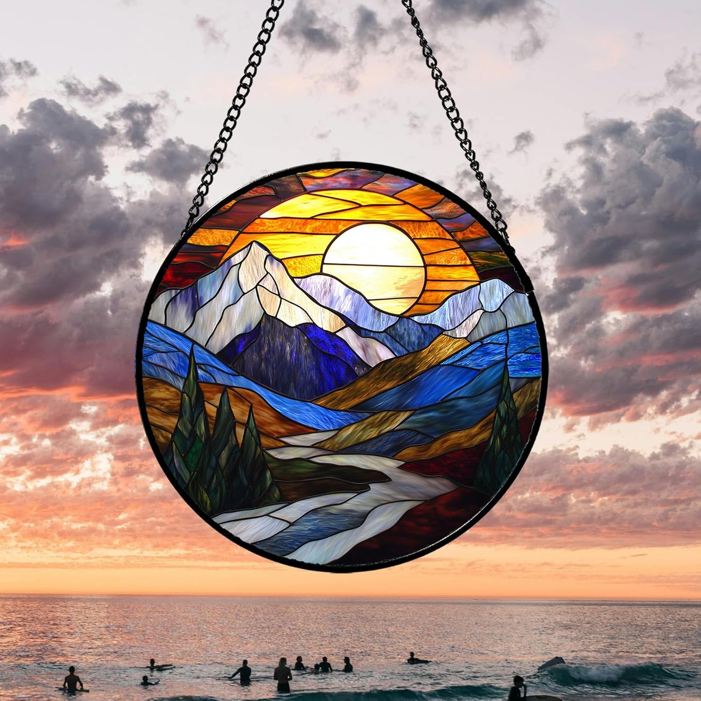 Stained Glass Window Hanging, Yellow Blue Sunset Mountains Scenery Sun Catcher for Window Home Decor Landscape Suncatcher Mother's Day Birthday Gifts for Women Men Mom and Nana 15 in