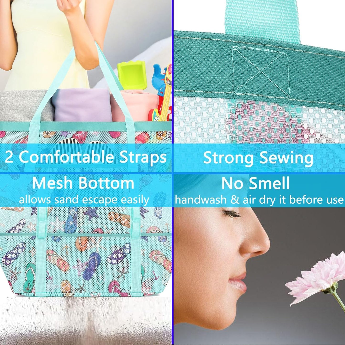 Mesh Beach Bag, Large Beach Tote with Zipper Pocket for Family Pool Bag for Toys & Vacation Essentials