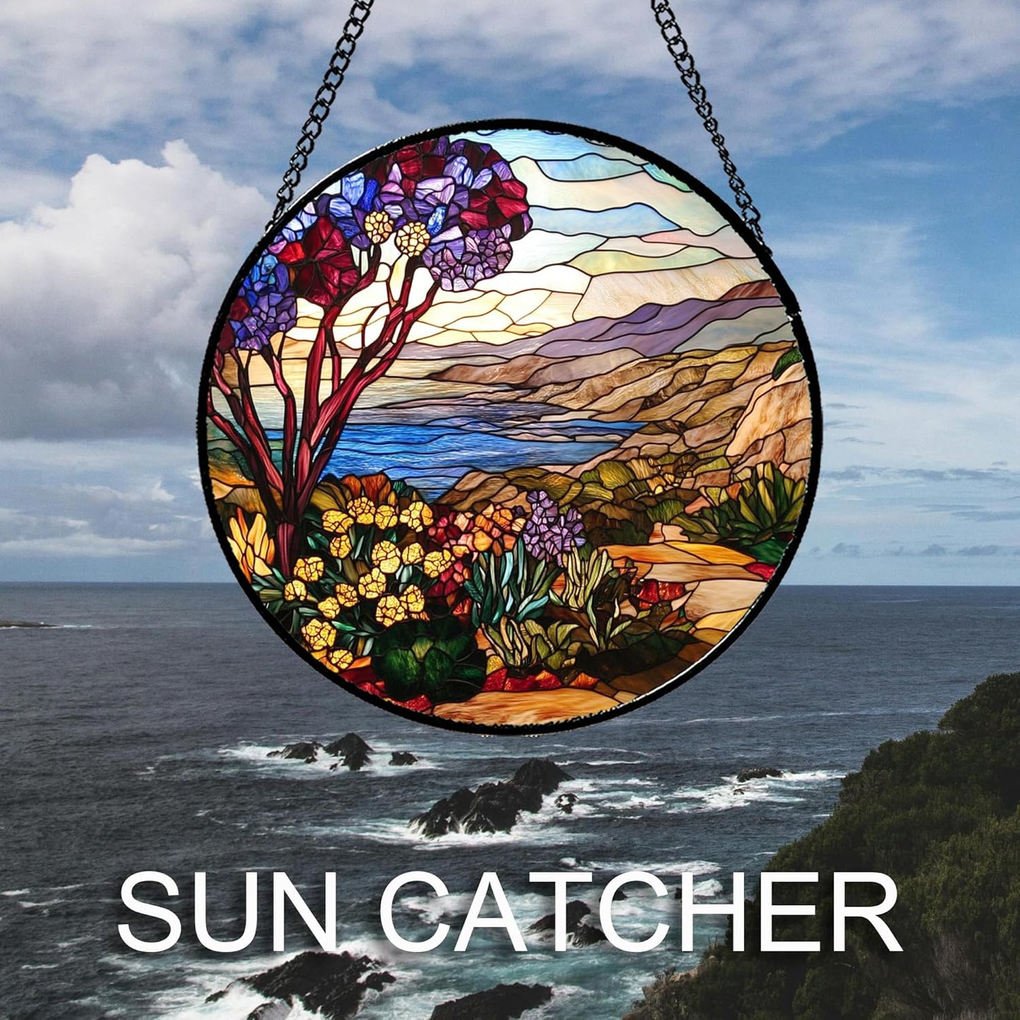 Stained Glass Window Hanging Retro Wildflowers Lake Mountain Scenery 7.8" - Suncatcher Door Garden Sun Catcher Home Decor Birthday Christmas for Mom Men Woman Friend