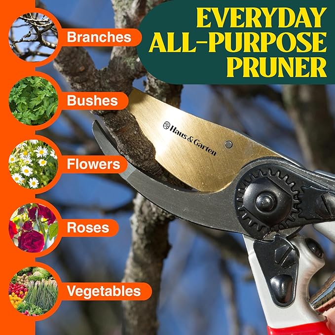 Haus & Garten EnduroPRO Ergonomic Bypass Pruners - Professional Titanium Garden Shears - Heavy Duty Hand Pruning Scissor, Tree Trimmer, Gardening Tool, Branch, Hedge, Rose, Shrub & Bush Clippers