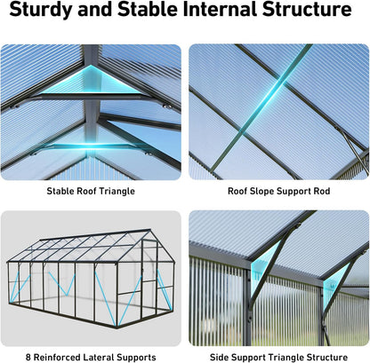 8x14FT Greenhouses for Outdoors, Polycarbonate Green House with UV Protection, Heavy Duty Greenhouse with Windproof Aluminum Frame, Roof Vent & Quick-Install Design for Backyard or Garden Use
