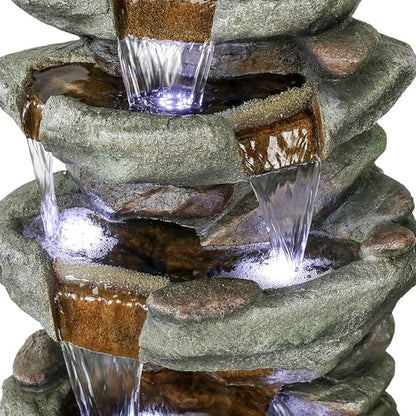 SunJet 40.5” High Rocks Outdoor Water Fountain - 6-Tiers Cascading Waterfall with LED Lights, Soothing Tranquility for Home Garden, Yard Decor