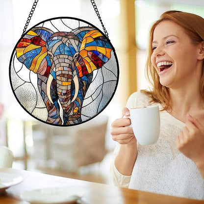 Stained Glass Window Hanging, Colorful Elephant Sun Catcher for Door Home Decor Animal Suncatcher Christmas Mother's Day Birthday Gifts for Women Men Mom and Nana 15 in