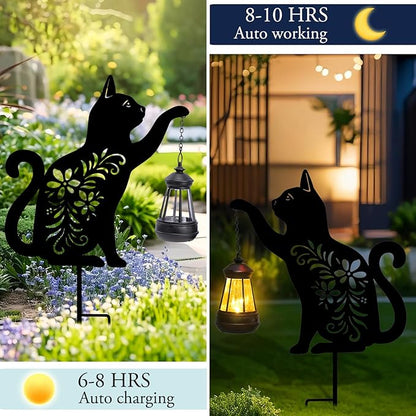 Afirst Solar Outdoor Garden Stake Solar Cat Decorative Stake Light with Lantern Decorative Lights Metal Outdoor Ornament for Yard Pathway Lawn Patio Decoration