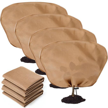 4 Pcs Winter Plant Covers Freeze Protection Reusable Plant Protector Bag with Drawstring Warm Shrubs Cover Frost Protection Planting Jacket Bags for Outdoor Garden, Brown (90.6 x 74.8 Inch)