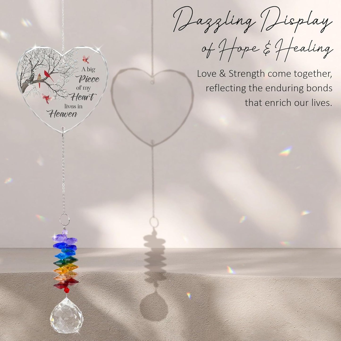Glass Suncatcher Ornament - A Big Piece of My Heart Lives in Heaven - Sympathy Gifts for Loss of Loved Ones - Christmas Tree Remembrance Hanging Pendant - Crystal Rainbow Maker