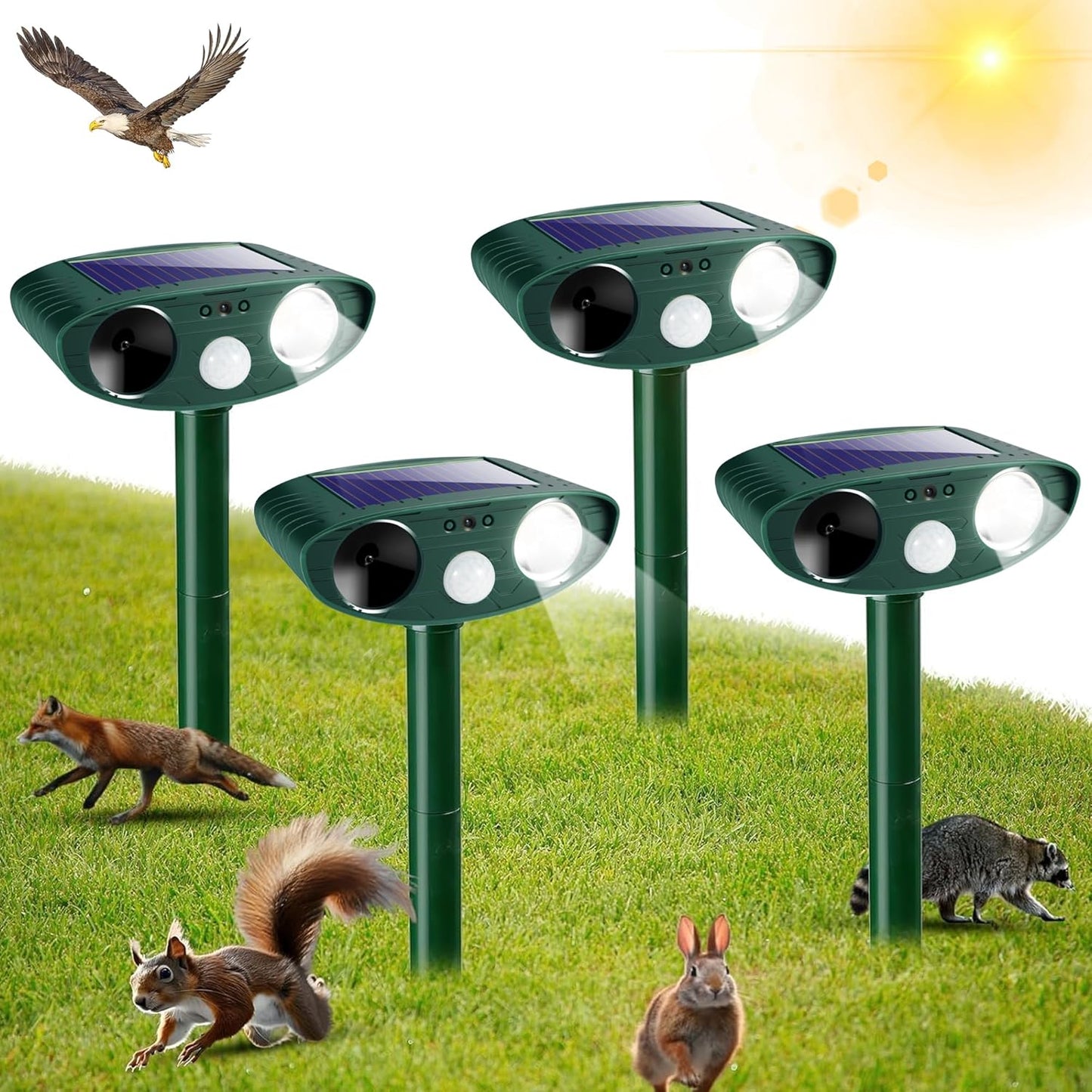 Solar Ultrasonic Animal Repeller Outdoor Cat Repellent Deer Repeller with Strobe Light,Waterproof Animal Deterrent Devices for Rabbit Raccoon Squirrel Dog Coyote Rodent Skunk Repellent for Yard Garden