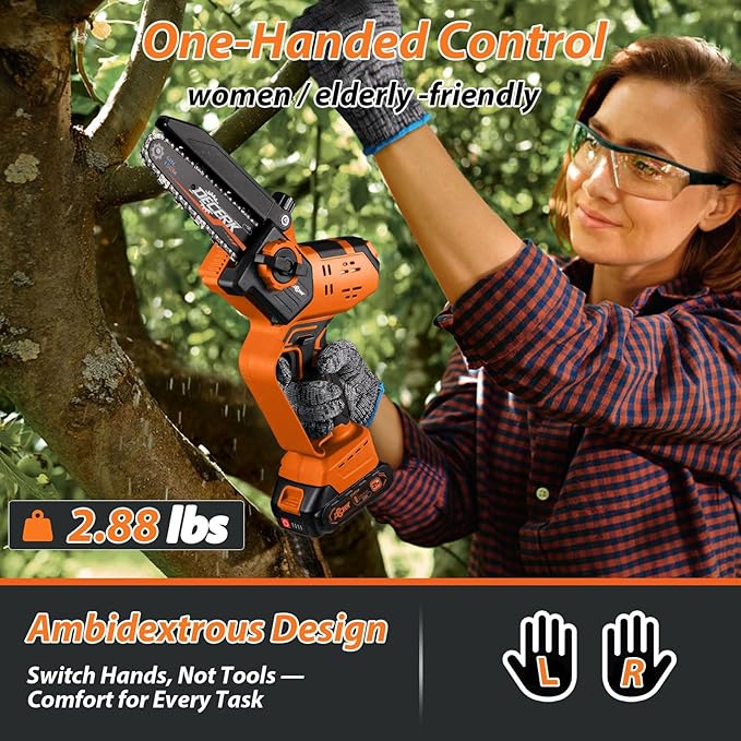 Mini Chainsaw Cordless - DECERK Brushless 6 Inch Electric Chain Saw, Portable Left Handheld Chainsaw Battery Powered for Tree, Branch, Wood, Best Gift Saw Tools for Household & Garden, Men Dad Husband