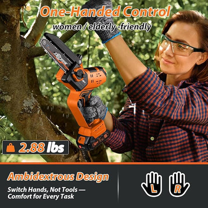 Mini Chainsaw Cordless - DECERK Brushless 6 Inch Electric Chain Saw, Portable Left Handheld Chainsaw Battery Powered for Tree, Branch, Wood, Best Gift Saw Tools for Household & Garden, Men Dad Husband