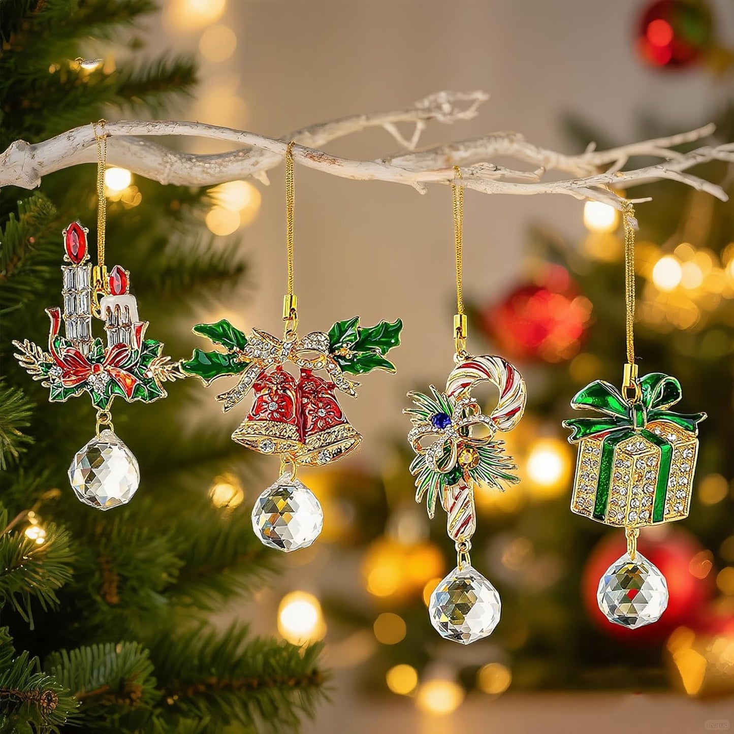 H&D HYALINE & DORA Set of 4 Christmas Sun Catcher with Crystals Cane/Box/Bell/Candle Hanging Crystal Prism Suncatcher for Holiday Party Home Decor
