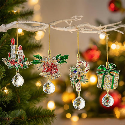 H&D HYALINE & DORA Set of 4 Christmas Sun Catcher with Crystals Cane/Box/Bell/Candle Hanging Crystal Prism Suncatcher for Holiday Party Home Decor
