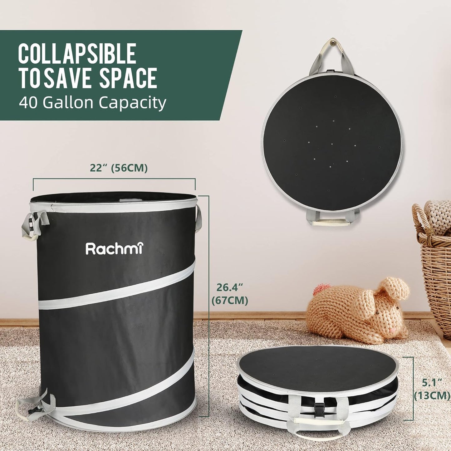 Rachmi 40 Gallon Collapsible Trash Can 2-Pack | Reusable Outdoor Pop-Up Yard Waste Leaf Bag Garden Garbage Bin for Camping, Black