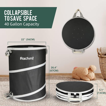 Rachmi 40 Gallon Collapsible Trash Can 2-Pack | Reusable Outdoor Pop-Up Yard Waste Leaf Bag Garden Garbage Bin for Camping, Black