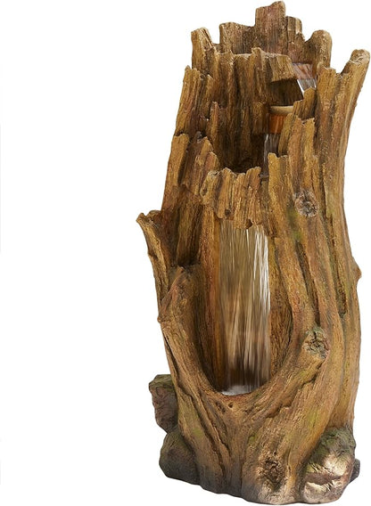 Alpine Corporation TZL338 Outdoor 3 Tier Waterfall Tree Trunk Floor Fountain with LED Lights for Patio, and Lawn Decor, 59 Inches Tall