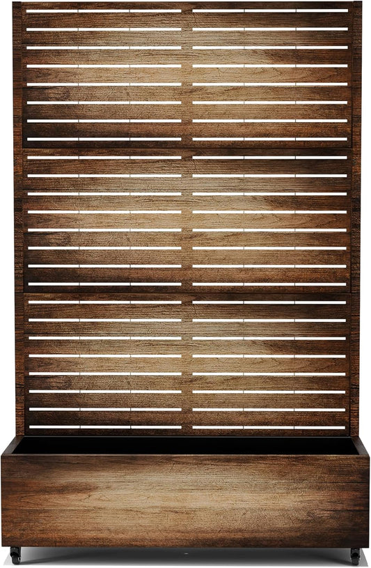 Raised Garden Bed with Trellis and Wheels,73"x47"x16" Metal Raised Garden Bed,Vintage Wood Finish Metal Planter with Climbing Trellis for Vines & Vegetables