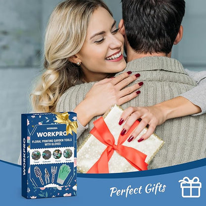 WORKPRO Aluminum Garden Tool Set, 4PCS Heavy Duty Hand Garden Tools with Box Include Trowel, Rake, Pruner, Garden Gloves, Floral and Insect Printing, Garden Gifts