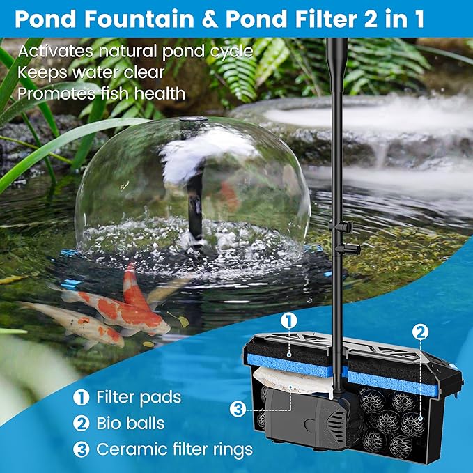 NFESOLAR Pond Filter Fountain, 20W Solar Filter Fountain with120 GPH Submersible Pump, 16.4ft Long Cable, 6.6ft Tubing for Outdoor Koi Pond, Fish Tank and Garden Water Features N3322