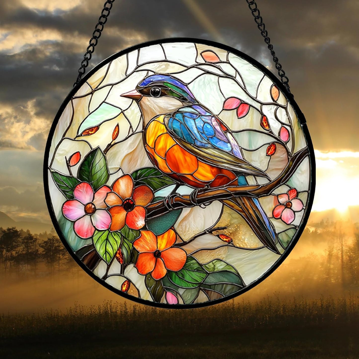 Stained Glass Window Hanging, Blue Bird Pink Flower Suncatcher Diamond Glass Panel Bird Sun Catchers Decor for Birthday for Women, Men, Wife, Aunt, and Mom 14.9x14.9 in