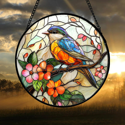 Stained Glass Window Hanging, Blue Bird Pink Flower Suncatcher Diamond Glass Panel Bird Sun Catchers Decor for Birthday for Women, Men, Wife, Aunt, and Mom 14.9x14.9 in