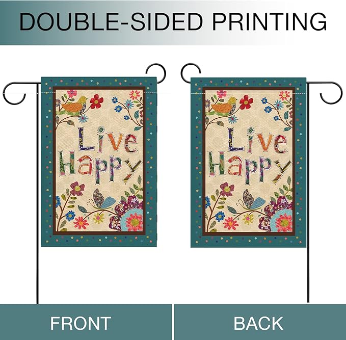 Hzppyz Live Happy Decorative Small Garden Flag Flower Bird, Spring Summer Inspirational Quote House Yard Outdoor Butterfly Floral Decor Double Sided, Fall Positive Farmhouse Outside Decoration 12 x 18
