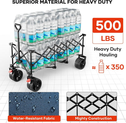 49" L Collapsible Foldable Extended Wagon with 500lbs Weight Capacity,300L Heavy Duty Beach Cart,Large Utility Wagon with Cup Holders,Cart for Sports,Outdoors,Grocery,Shopping (LightBlue)
