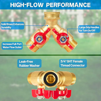 Garden Hose Splitter Full Flow, Brass Y Hose Splitter 2 Way Heavy Duty with Shutoff, Outdoor Water Faucet Splitter Hose Connector, Y Valve 3/4 Inch GHT Thread