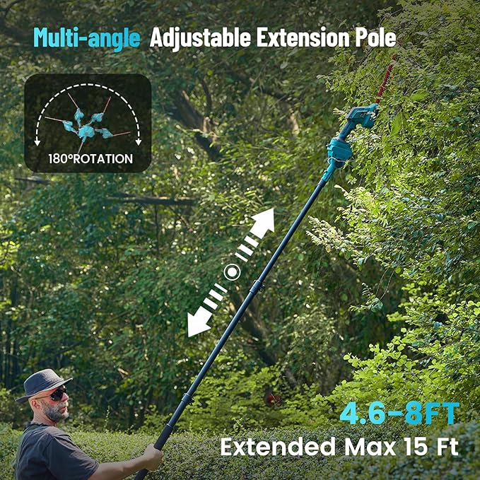 SEESII 6-in-1 Cordless Pole Saw & Hedge Trimmer Grass Shears Combo Kit, Electric Mini Chainsaw with 2×4.0 Ah Batteries, Extension Tree Pruner, Bush Trimmer Limb Branch Cutter, 16ft Long Reach